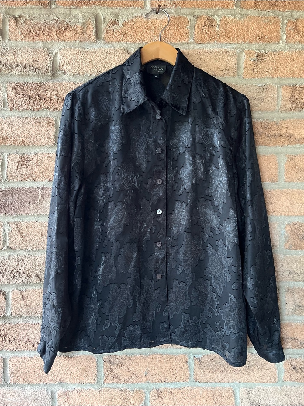 MARC ALLAN Black Burnout Paisley Sheer Jacquard Blouse Long Sleeve Size 10